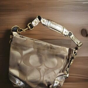 COACH Carly Signature Hobo Shoulder Bag Gold Metallic Hardware, Genuine *flaw*